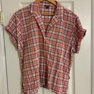 Eddie Bauer Women's Pink Blue Plaid Cotton Button Up Short Sleeve Shirt Size XL